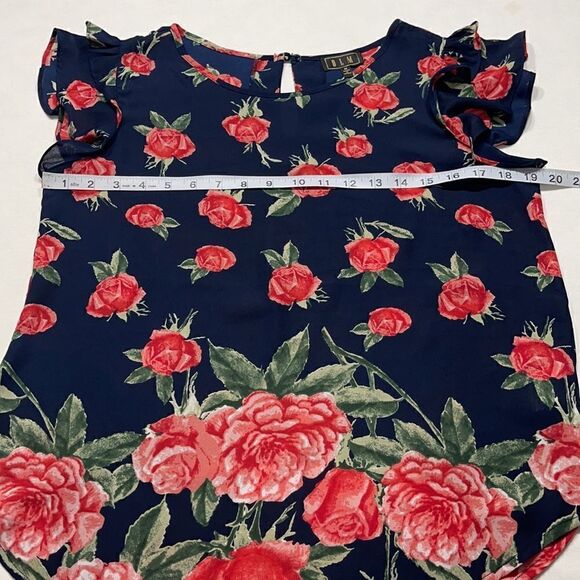 OLM Navy Res Roses Print Sheer Double Layer Ruffle Sleeves Sz M - Picture 7 of 12